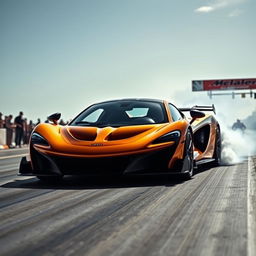 A stunning McLaren P1 poised at a drag strip, sleek lines glistening under the bright race day sun