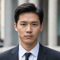 An Asian man in his mid-20s, wearing a well-tailored black suit, looking poised and professional.