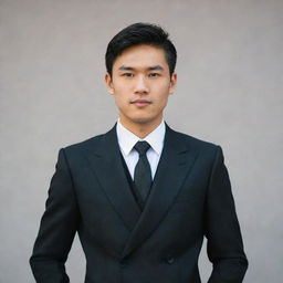 An Asian man in his mid-20s, wearing a well-tailored black suit, looking poised and professional.