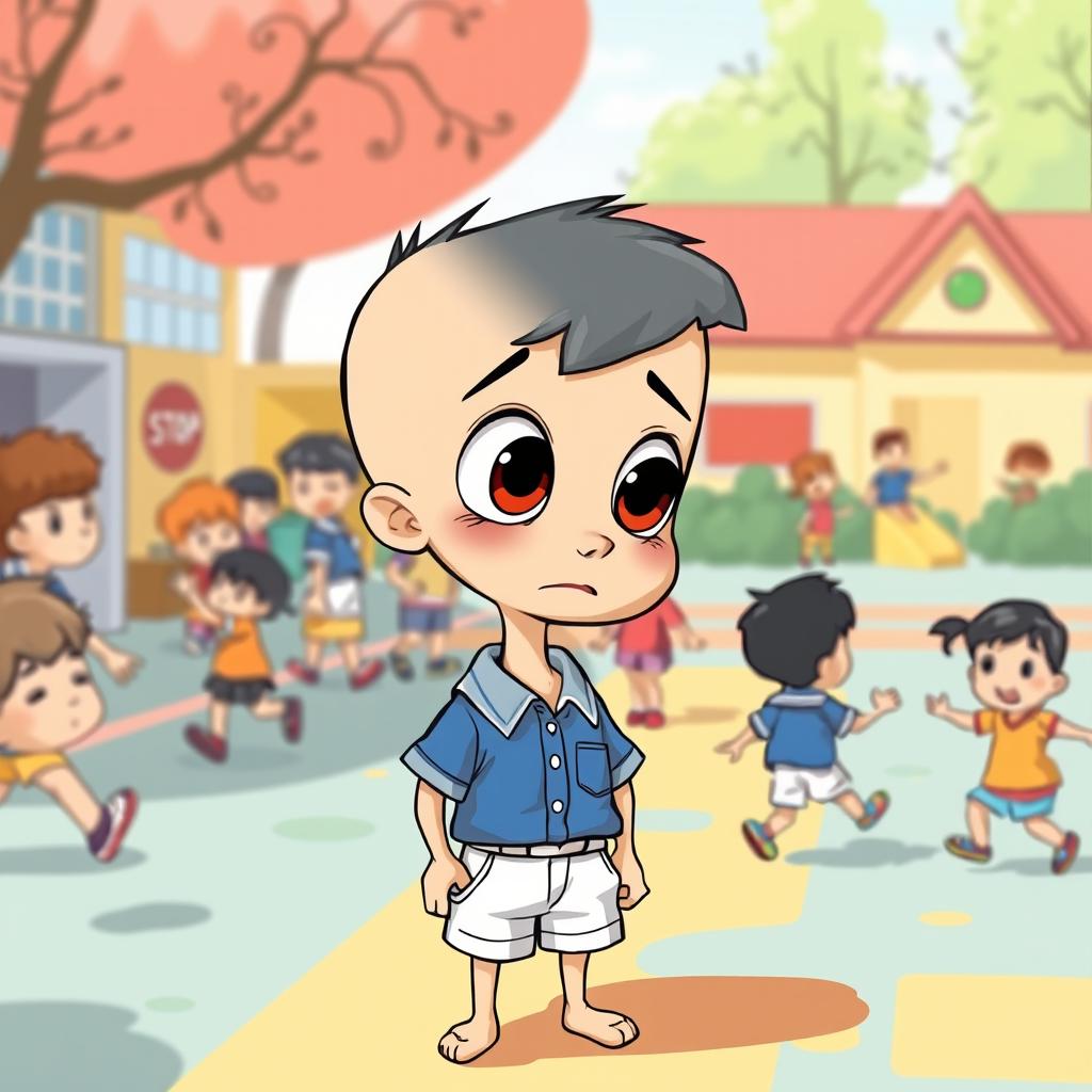 Buster is illustrated wearing a blue and white school uniform, characterized by a crisp shirt and neatly tailored shorts