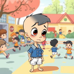 Buster is illustrated wearing a blue and white school uniform, characterized by a crisp shirt and neatly tailored shorts