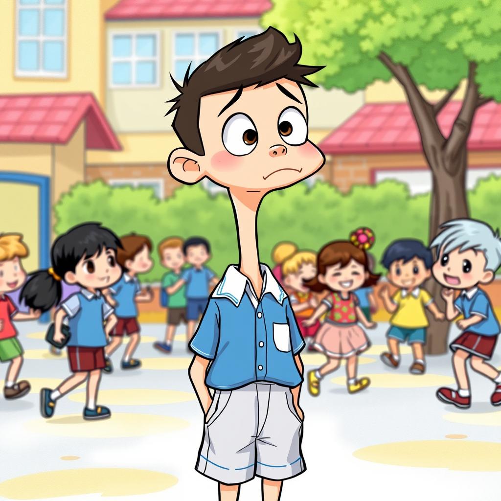 Buster is illustrated wearing a blue and white school uniform, characterized by a crisp shirt and neatly tailored shorts