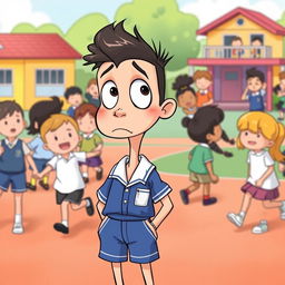 Buster is illustrated wearing a blue and white school uniform, characterized by a crisp shirt and neatly tailored shorts