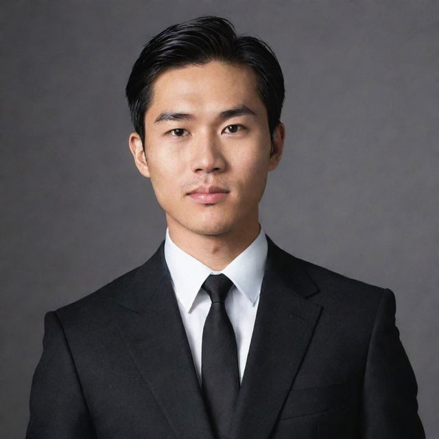 An Asian man in his mid-20s, wearing a well-tailored black suit, looking poised and professional.