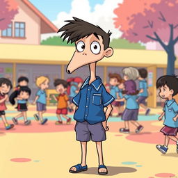 Buster is illustrated wearing a blue and white school uniform, characterized by a crisp shirt and neatly tailored shorts