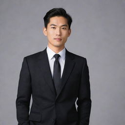 An Asian man in his mid-20s, wearing a well-tailored black suit, looking poised and professional.