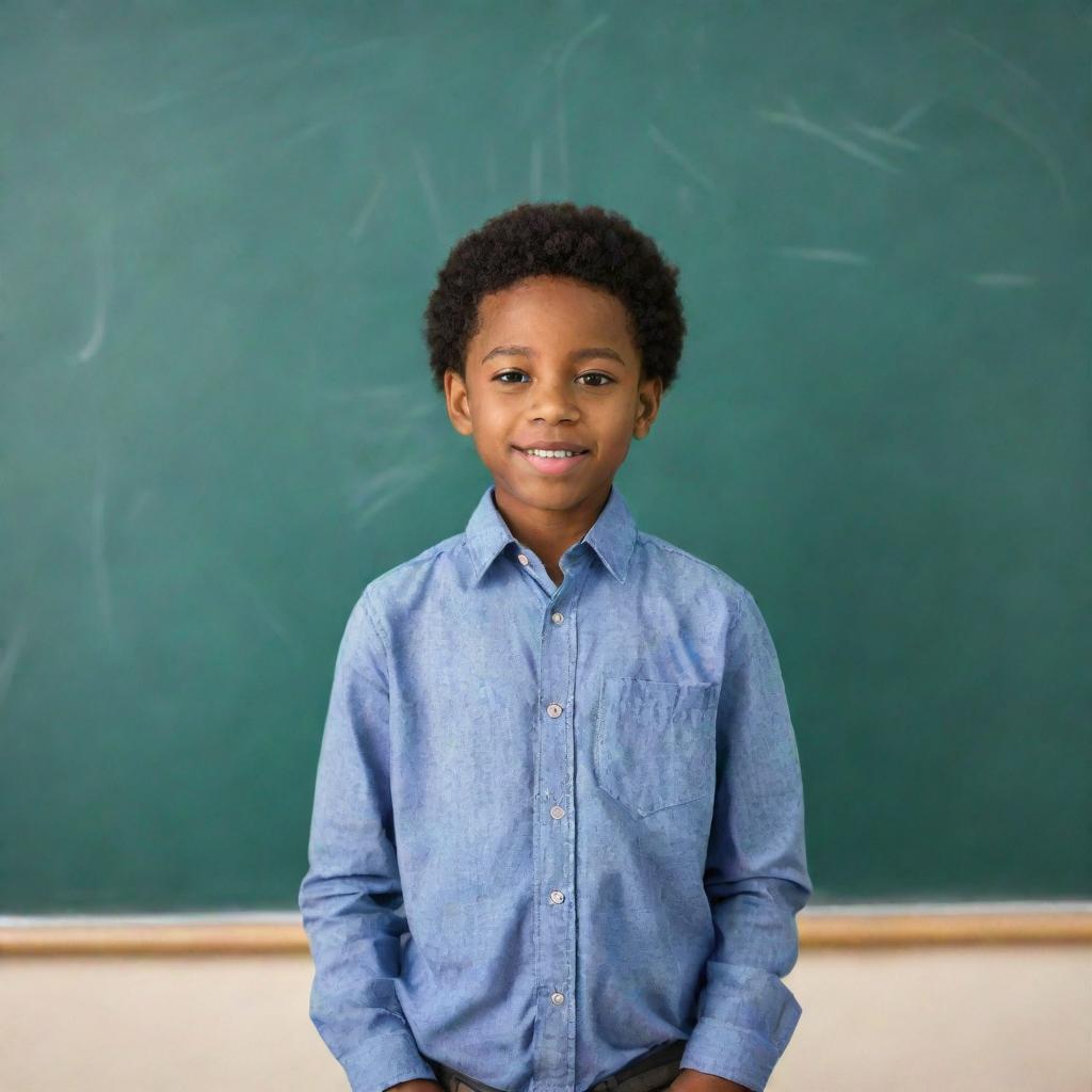 A compelling image of a young African American boy standing confidently in front of a large chalkboard in school, eager to learn and participate.