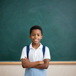 A compelling image of a young African American boy standing confidently in front of a large chalkboard in school, eager to learn and participate.