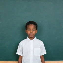 A compelling image of a young African American boy standing confidently in front of a large chalkboard in school, eager to learn and participate.