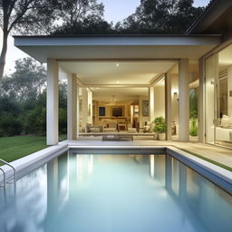 A detailed house plan showcasing a spacious indoor or outdoor swimming pool integrated into the design elegantly.