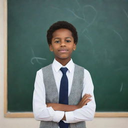 A compelling image of a young African American boy standing confidently in front of a large chalkboard in school, eager to learn and participate.