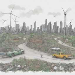 Generate a sketch-style artwork illustrating the modern lifestyle's impact on the environment, showcasing elements like cityscapes, waste dumping, deforestation juxtaposed with renewable energy sources and recycling efforts.