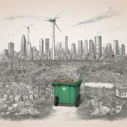 Generate a sketch-style artwork illustrating the modern lifestyle's impact on the environment, showcasing elements like cityscapes, waste dumping, deforestation juxtaposed with renewable energy sources and recycling efforts.