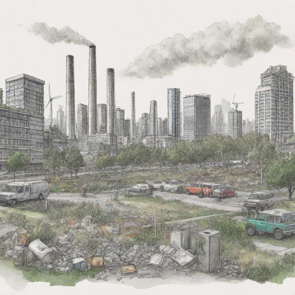 Generate a sketch-style artwork illustrating the modern lifestyle's impact on the environment, showcasing elements like cityscapes, waste dumping, deforestation juxtaposed with renewable energy sources and recycling efforts.