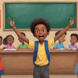 A vibrant cartoon-style image showcasing an African American boy standing enthusiastically in front of a big chalkboard within a bustling school setting.