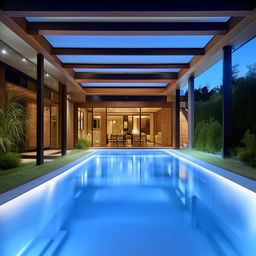 A detailed house plan showcasing a spacious indoor or outdoor swimming pool integrated into the design elegantly.