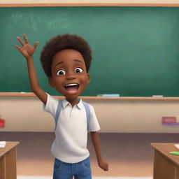 A vibrant cartoon-style image showcasing an African American boy standing enthusiastically in front of a big chalkboard within a bustling school setting.