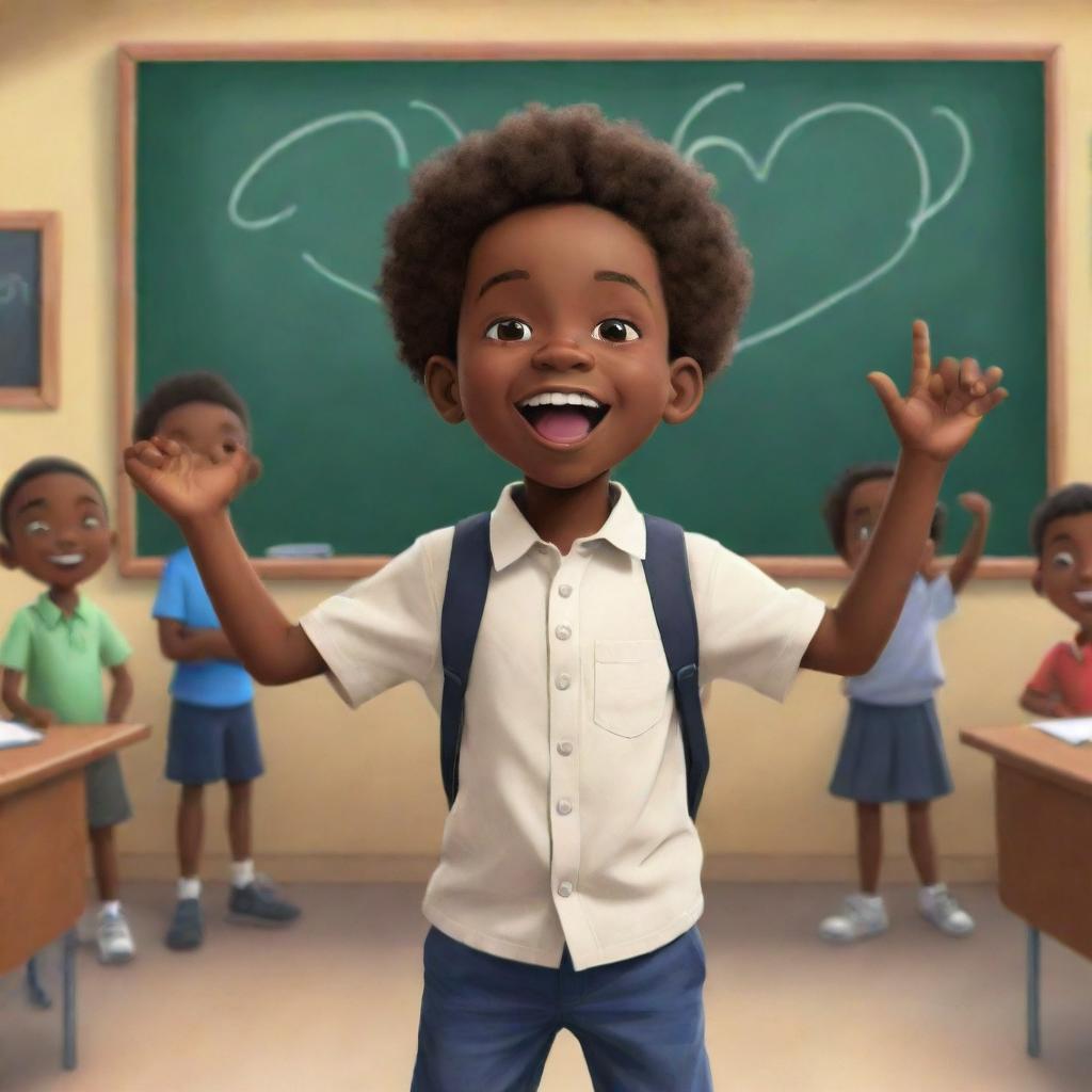 A vibrant cartoon-style image showcasing an African American boy standing enthusiastically in front of a big chalkboard within a bustling school setting.