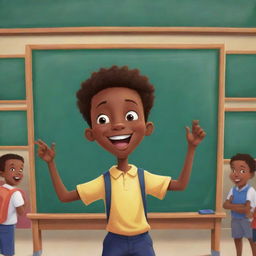 A vibrant cartoon-style image showcasing an African American boy standing enthusiastically in front of a big chalkboard within a bustling school setting.