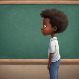 An engaging cartoon-style depiction of an African American boy standing at a large school chalkboard, his back to us, face towards the board, immersed in deep thought or problem solving.