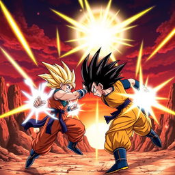 A dynamic scene showcasing a battle between two powerful Saiyans from Dragon Ball, with vibrant energy blasts illuminating the sky