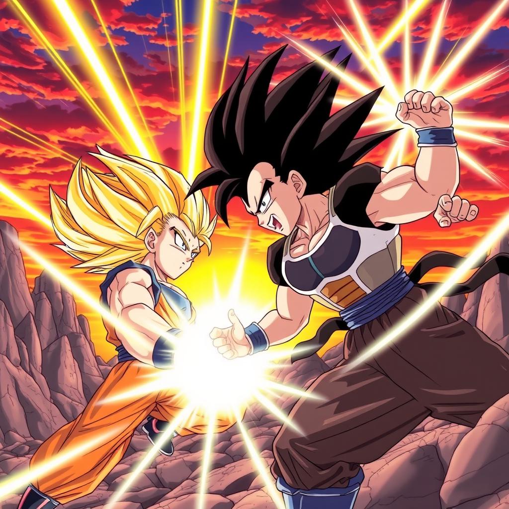 A dynamic scene showcasing a battle between two powerful Saiyans from Dragon Ball, with vibrant energy blasts illuminating the sky