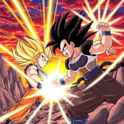 A dynamic scene showcasing a battle between two powerful Saiyans from Dragon Ball, with vibrant energy blasts illuminating the sky