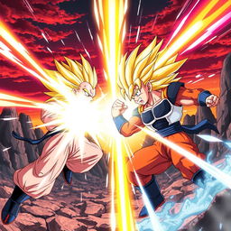 A dynamic scene showcasing a battle between two powerful Saiyans from Dragon Ball, with vibrant energy blasts illuminating the sky