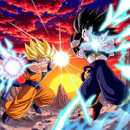 A dynamic scene showcasing a battle between two powerful Saiyans from Dragon Ball, with vibrant energy blasts illuminating the sky