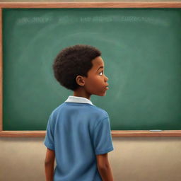 An engaging cartoon-style depiction of an African American boy standing at a large school chalkboard, his back to us, face towards the board, immersed in deep thought or problem solving.