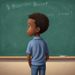 An engaging cartoon-style depiction of an African American boy standing at a large school chalkboard, his back to us, face towards the board, immersed in deep thought or problem solving.