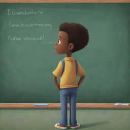 An engaging cartoon-style depiction of an African American boy standing at a large school chalkboard, his back to us, face towards the board, immersed in deep thought or problem solving.