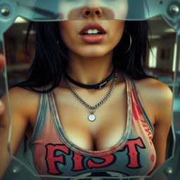 A close-up shot from behind a reinforced plexiglass window, focusing on the chest and torso of a gorgeous female with black hair