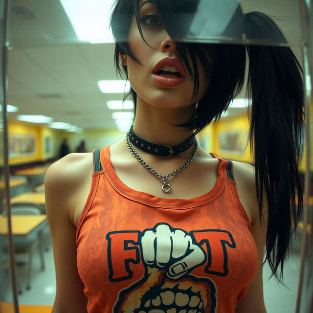 A close-up view from behind a reinforced plexiglass window, showcasing the chest and torso of a gorgeous female with striking black hair