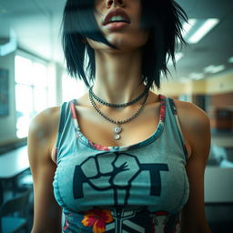 A close-up view from behind a reinforced plexiglass window, showcasing the chest and torso of a gorgeous female with striking black hair