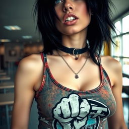 A close-up view from behind a reinforced plexiglass window, showcasing the chest and torso of a gorgeous female with striking black hair