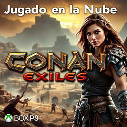 A vibrant, high-quality thumbnail for a video titled 'Jugando en la Nube: Conan Exiles | Gameplay | Xbox Cloud Gaming 🎮🔥👾| Game Pass Ultimate'