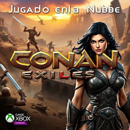 A vibrant, high-quality thumbnail for a video titled 'Jugando en la Nube: Conan Exiles | Gameplay | Xbox Cloud Gaming 🎮🔥👾| Game Pass Ultimate'