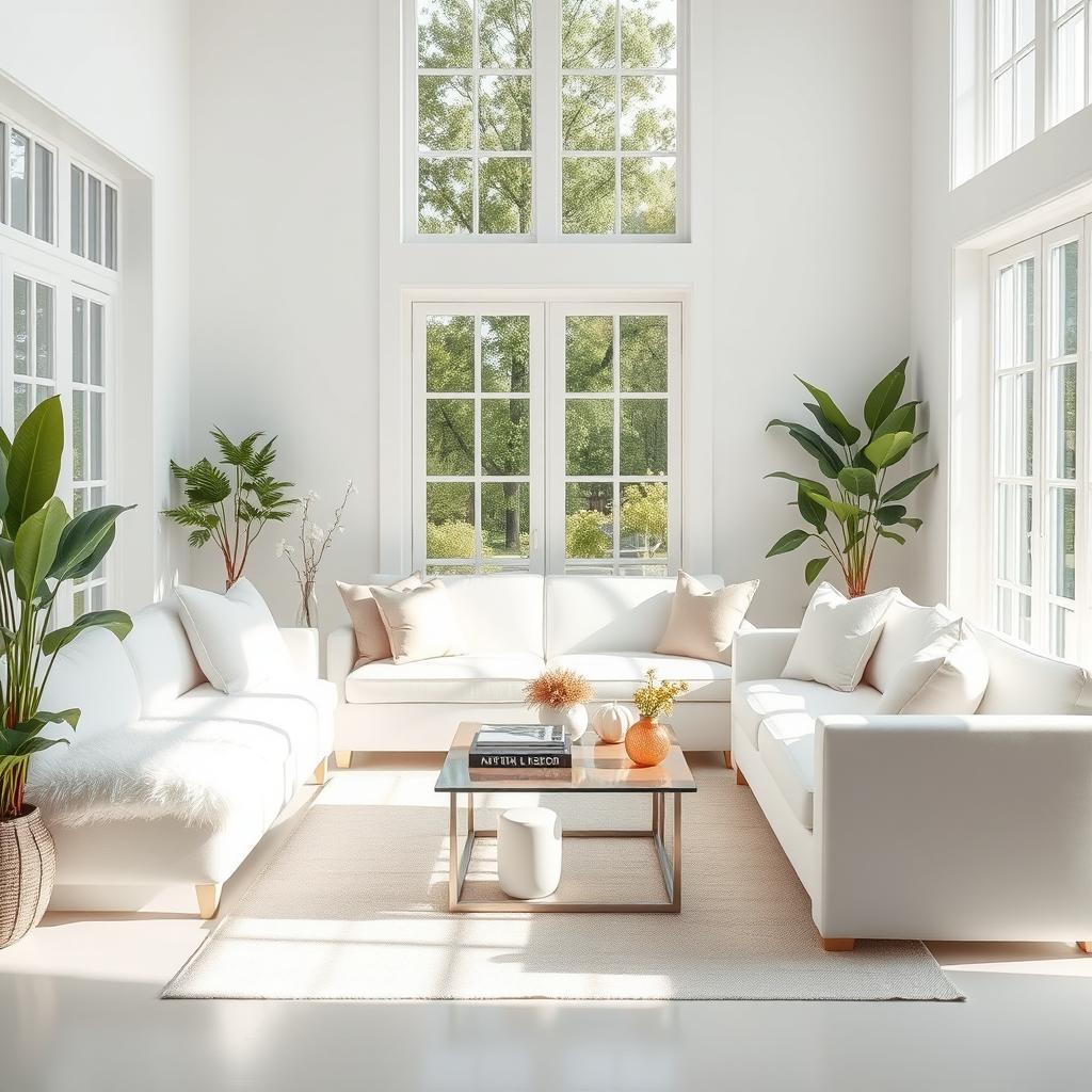 A stunning interior of a light living room filled with a soft, plush white bench and a matching white sofa