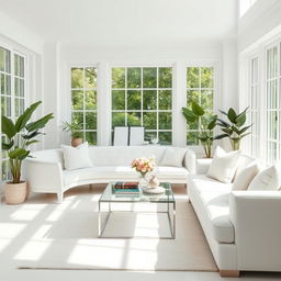 A stunning interior of a light living room filled with a soft, plush white bench and a matching white sofa