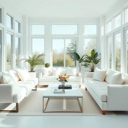 A stunning interior of a light living room filled with a soft, plush white bench and a matching white sofa