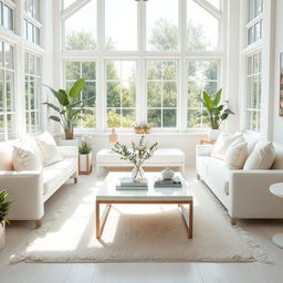 A stunning interior of a light living room filled with a soft, plush white bench and a matching white sofa