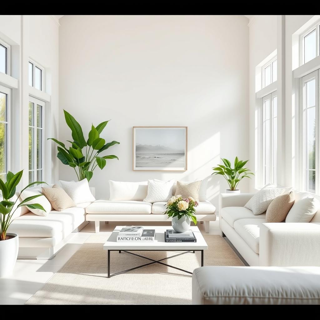 A beautiful interior of a light-filled living room, dominated by a soft, white bench and an equally plush white sofa