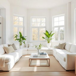 A beautiful interior of a light-filled living room, dominated by a soft, white bench and an equally plush white sofa