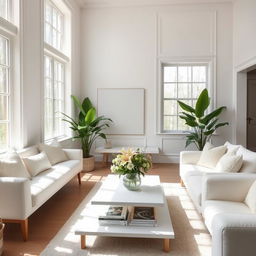 A beautiful interior of a light-filled living room, dominated by a soft, white bench and an equally plush white sofa