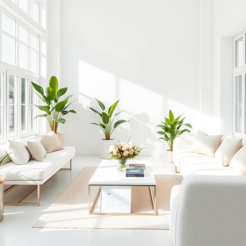 A beautiful interior of a light-filled living room, dominated by a soft, white bench and an equally plush white sofa