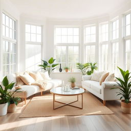 A bright and airy interior of a living room, abundantly filled with a soft, plush bench and an equally cozy white sofa