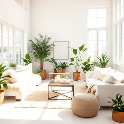 A bright and airy interior of a living room, abundantly filled with a soft, plush bench and an equally cozy white sofa