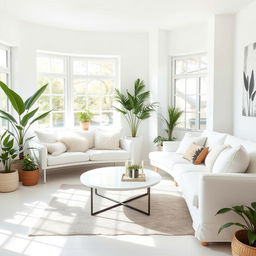 A bright and airy interior of a living room, abundantly filled with a soft, plush bench and an equally cozy white sofa