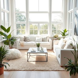 A bright and airy interior of a living room, abundantly filled with a soft, plush bench and an equally cozy white sofa